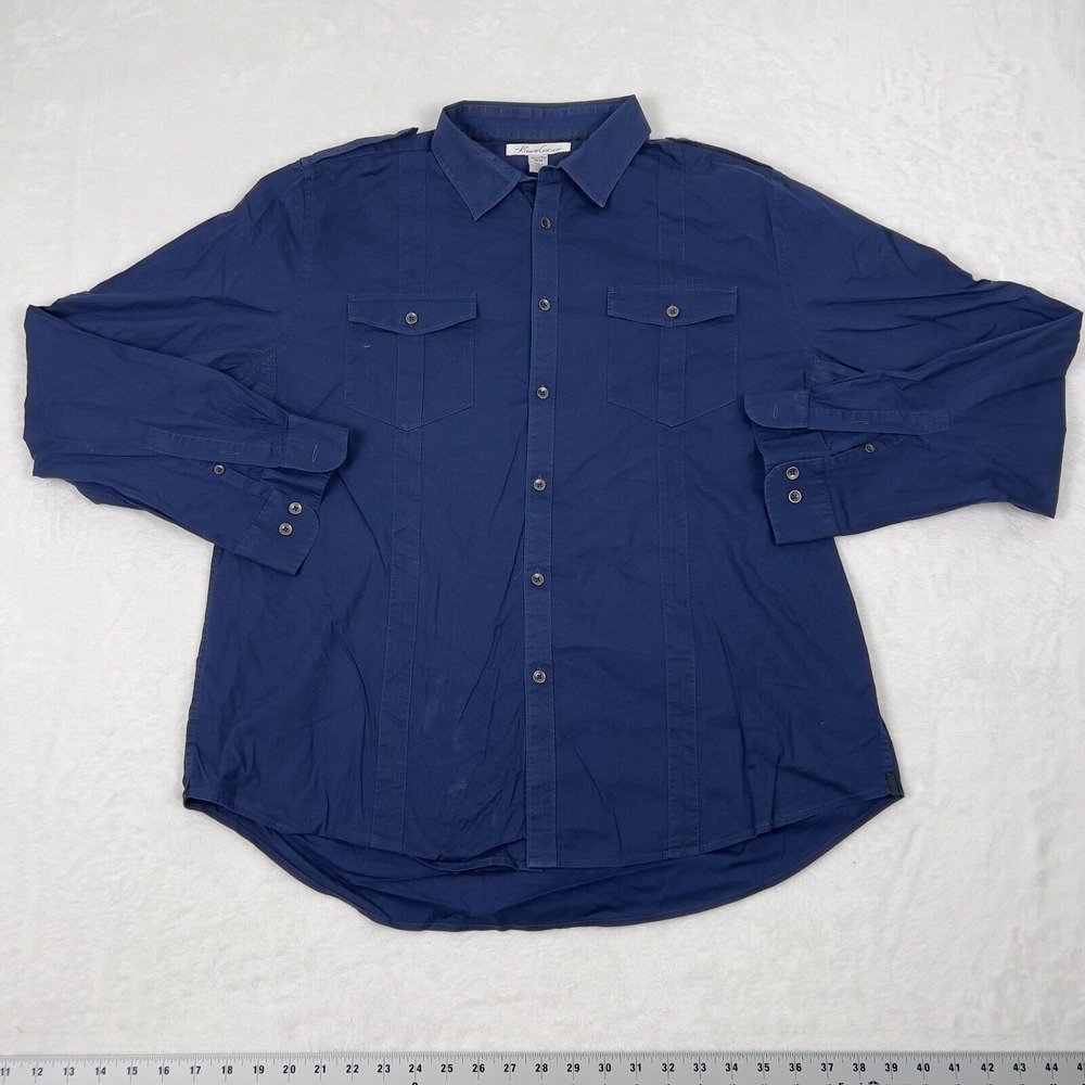 Kenneth Cole Men's Button Down‎ Shirt 2XL Navy Blue Long Sleeve Collared